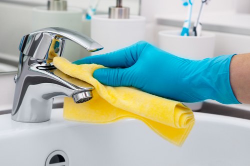Carpet cleaning technician using PPE during service